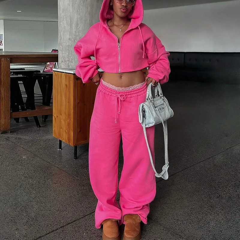 2024 Autumn/Winter New European and American Women’s Fashion Zipper Hoodie Crop Top & Slim Fit Casual Pants Set Wholesale