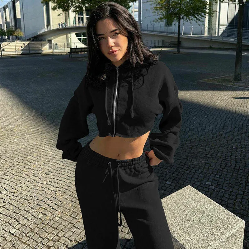 2024 Autumn/Winter New European and American Women’s Fashion Zipper Hoodie Crop Top & Slim Fit Casual Pants Set Wholesale