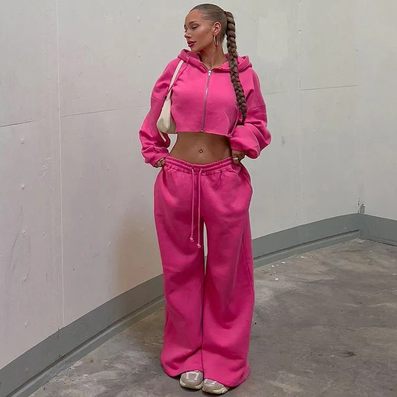 2024 Autumn/Winter New European and American Women’s Fashion Zipper Hoodie Crop Top & Slim Fit Casual Pants Set Wholesale