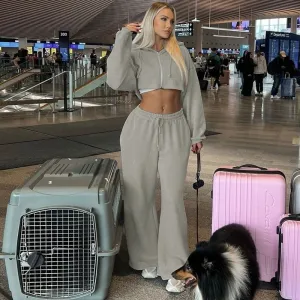 2024 Autumn/Winter New European and American Women’s Fashion Zipper Hoodie Crop Top & Slim Fit Casual Pants Set Wholesale