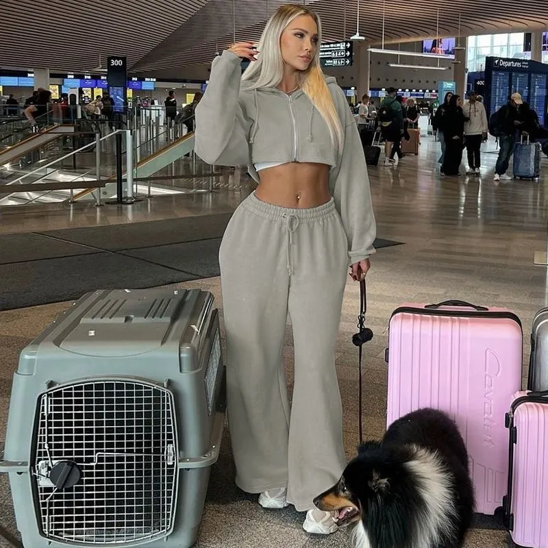 2024 Autumn/Winter New European and American Women’s Fashion Zipper Hoodie Crop Top & Slim Fit Casual Pants Set Wholesale