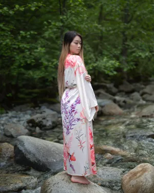 Aphrodite Long Pink and Floral Print Robe with Kimono Sleeves