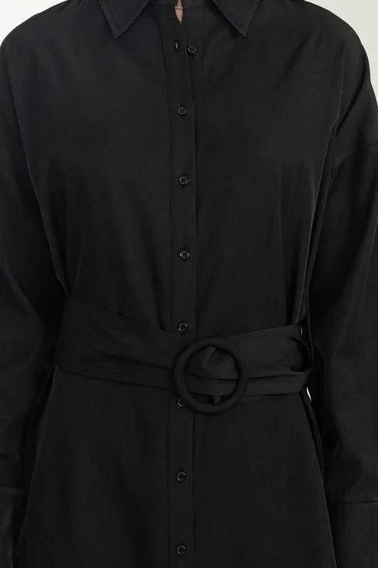 Black Easy Win Button-Up Belted Shirt Dress