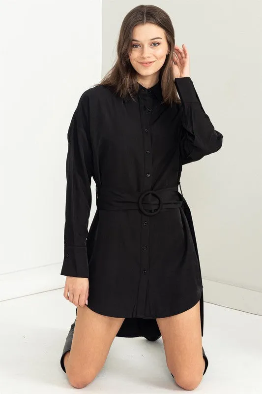 Black Easy Win Button-Up Belted Shirt Dress