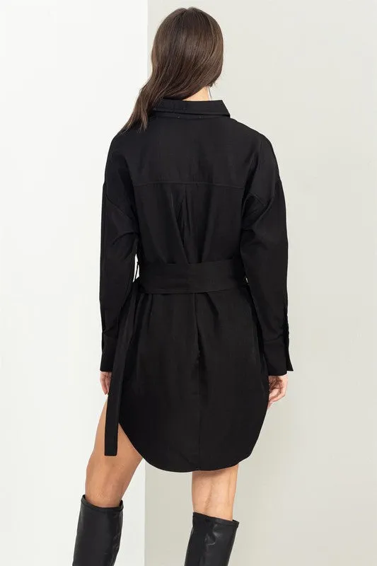 Black Easy Win Button-Up Belted Shirt Dress
