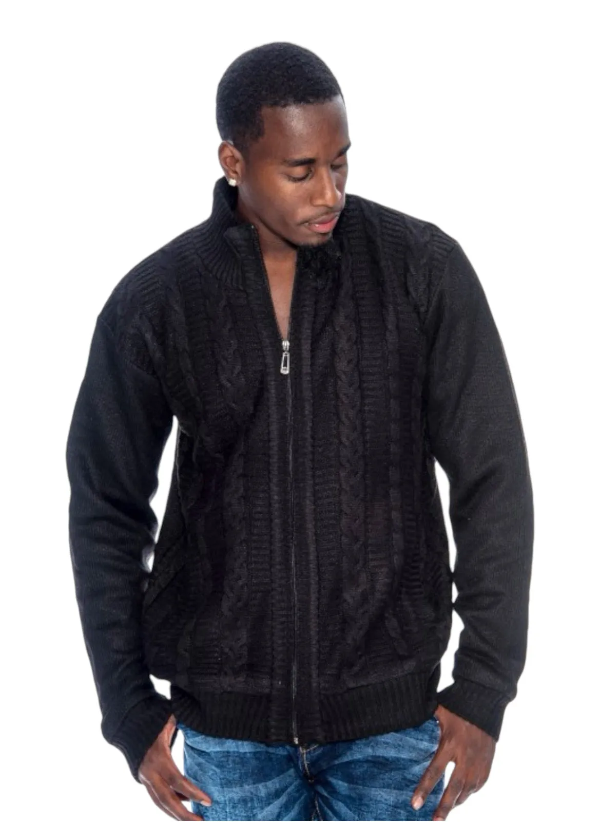 Black Men's Cardigan Sweaters Full Zip Knitted Jacket Fur Lined Style No: 100-3