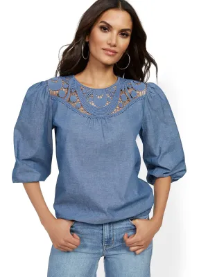 Blue Crochet-Inset Blouse