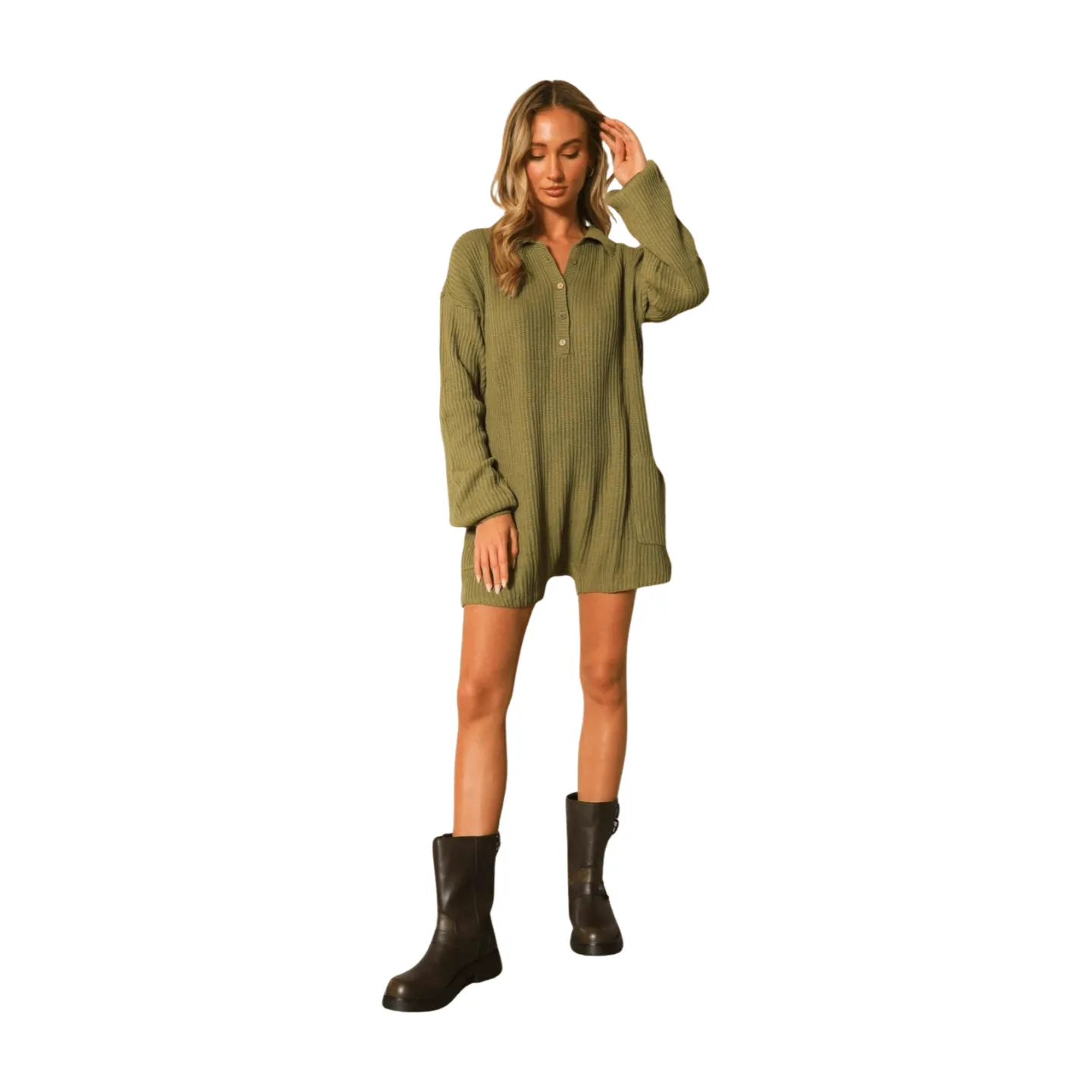 Button Down Knit Romper - Olive