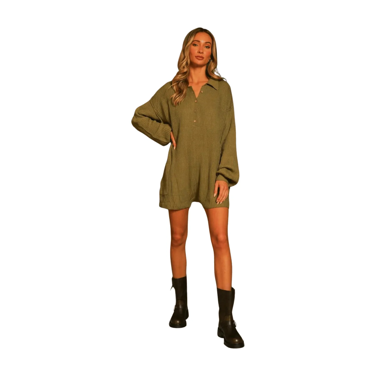 Button Down Knit Romper - Olive