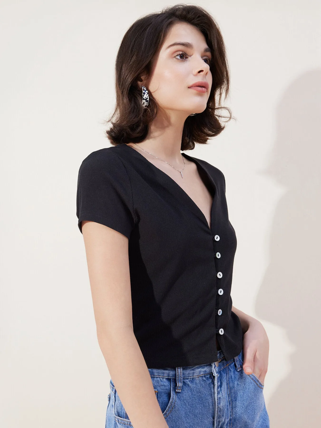 Button Front V Neck Rib Tee