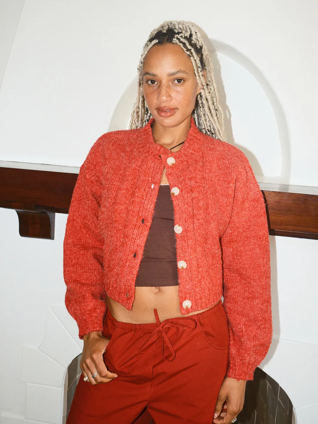 Cable Knit Cardigan - Red