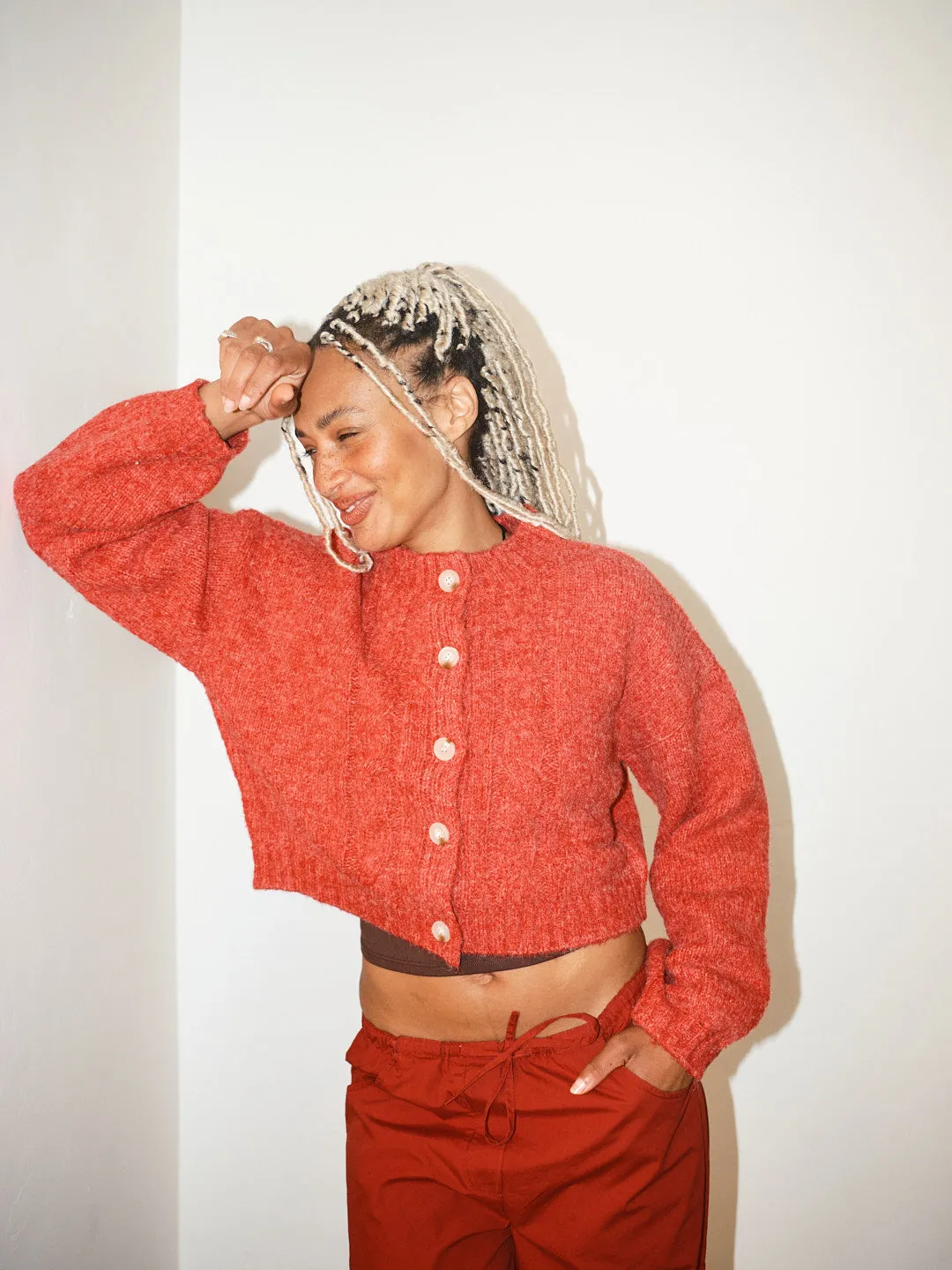 Cable Knit Cardigan - Red