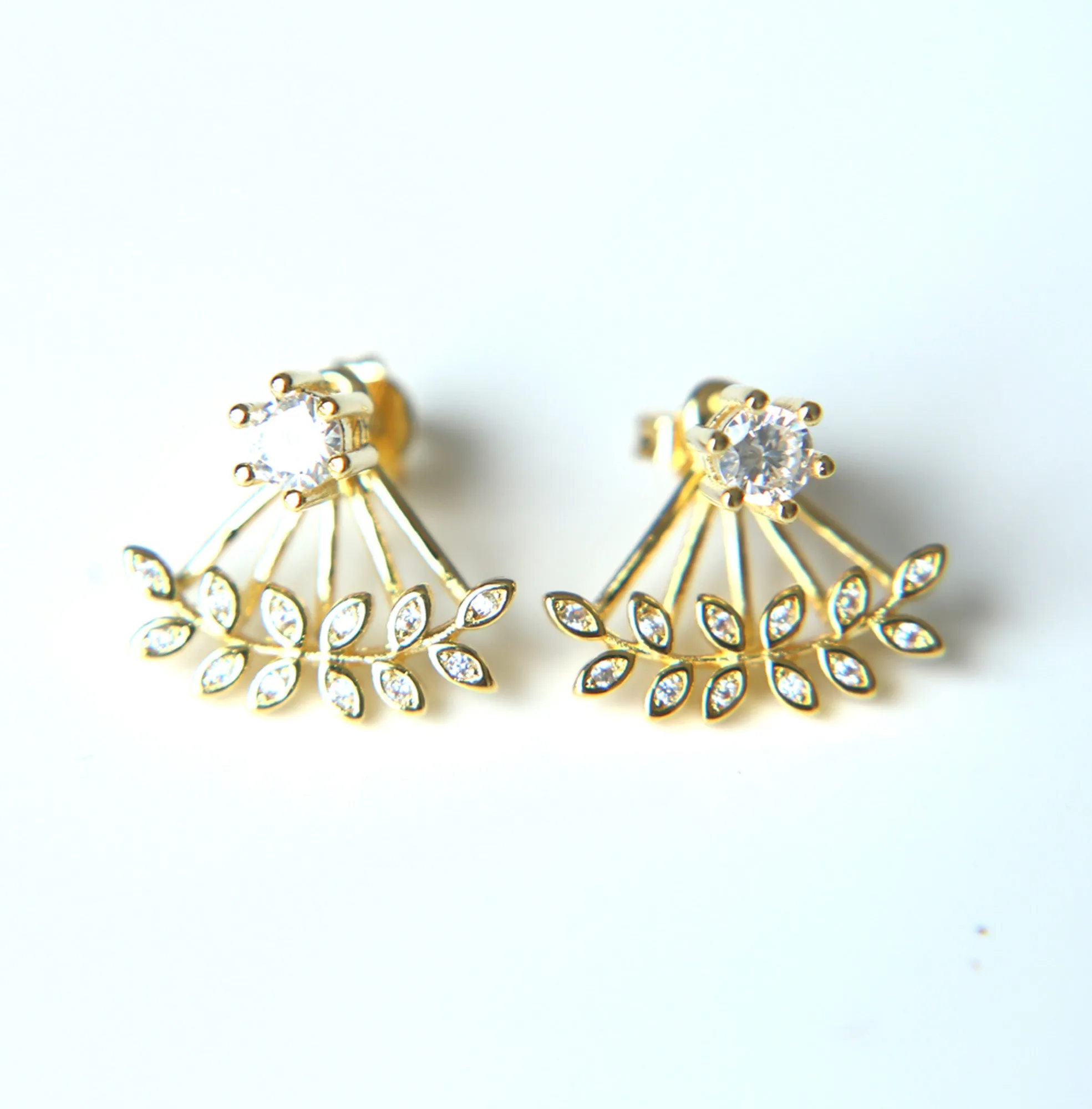 Capella Trendy Cubic Zirconia Crystal Leaf Ear Jacket Stud Earring