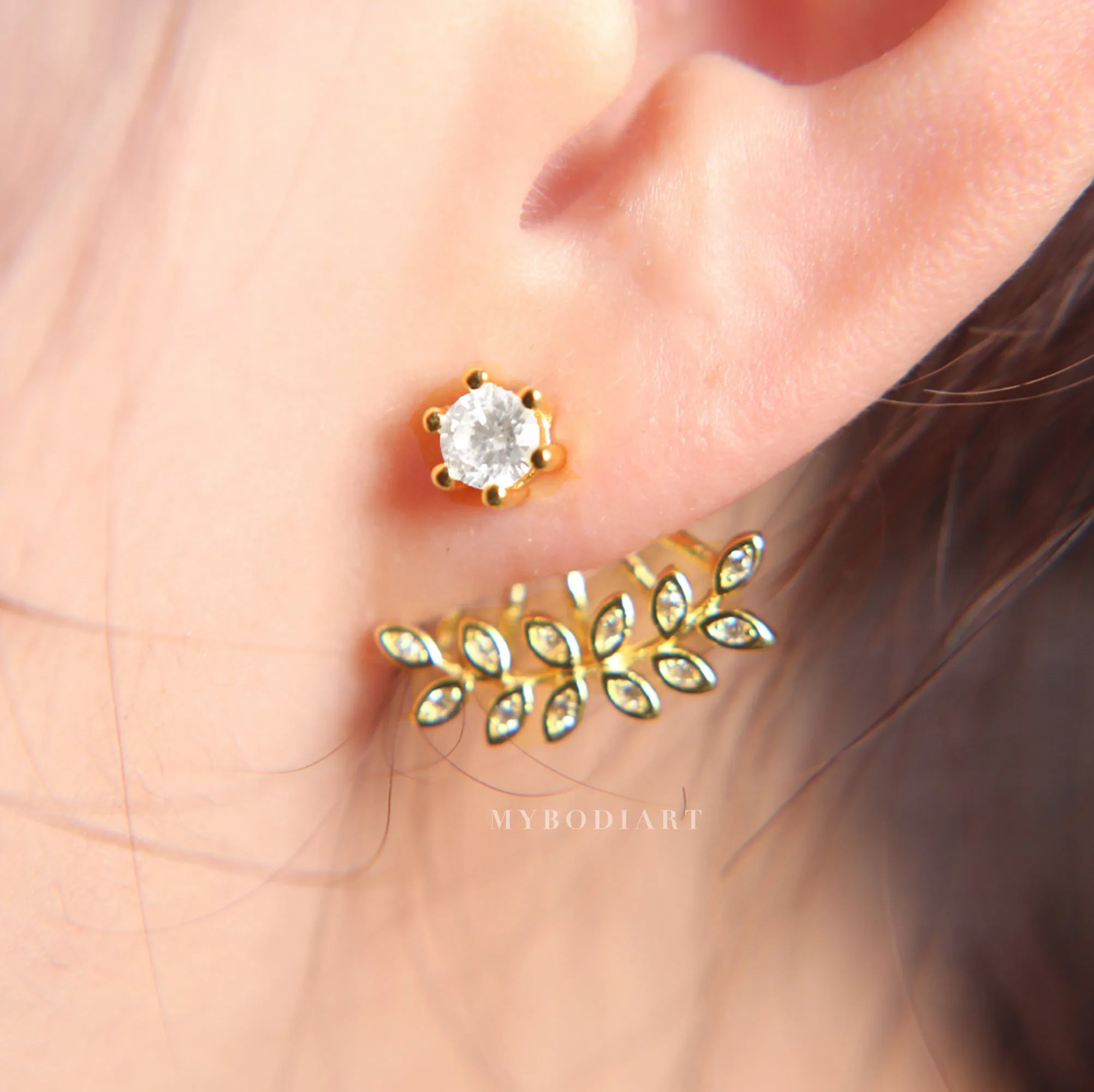 Capella Trendy Cubic Zirconia Crystal Leaf Ear Jacket Stud Earring