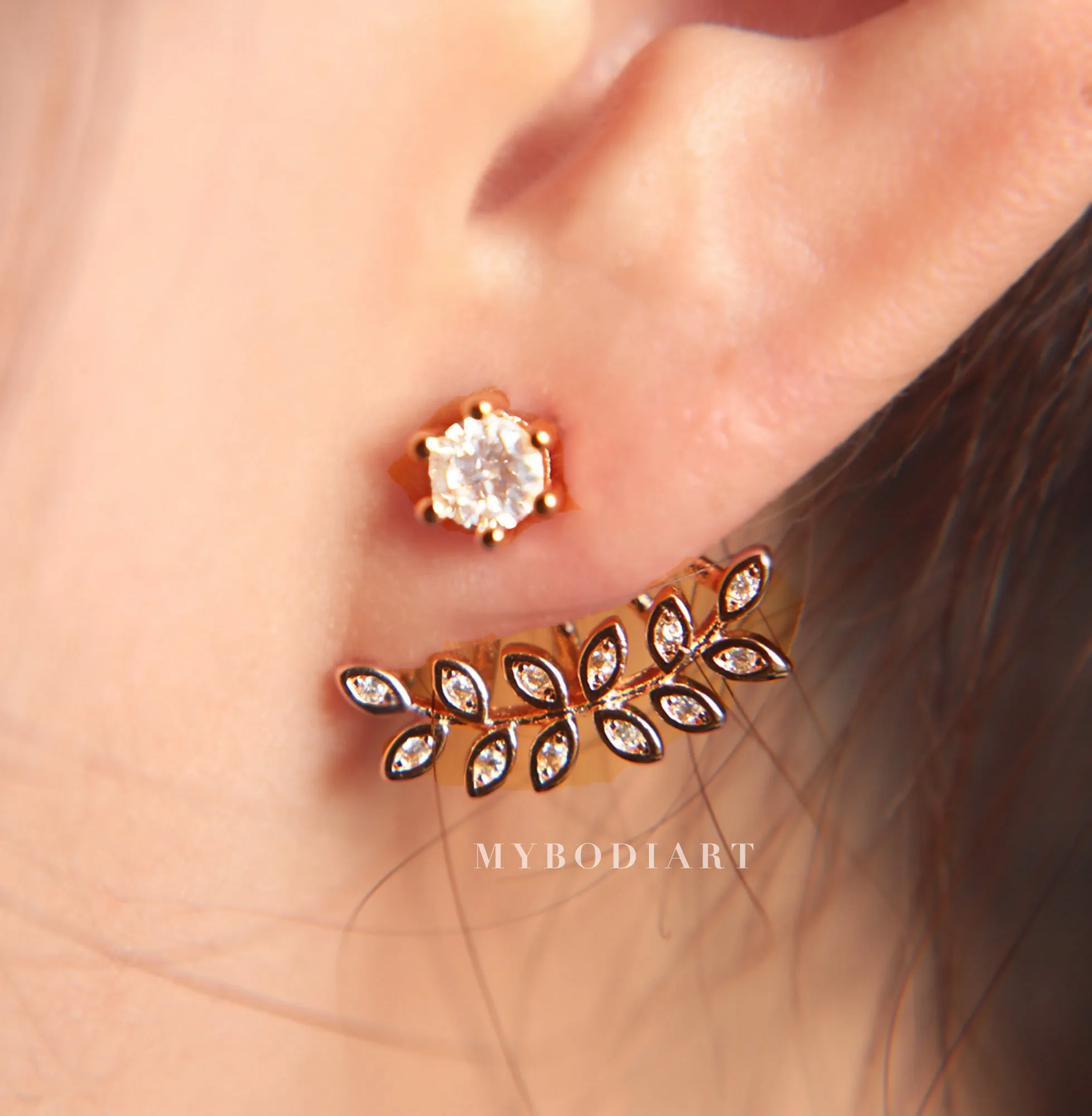 Capella Trendy Cubic Zirconia Crystal Leaf Ear Jacket Stud Earring