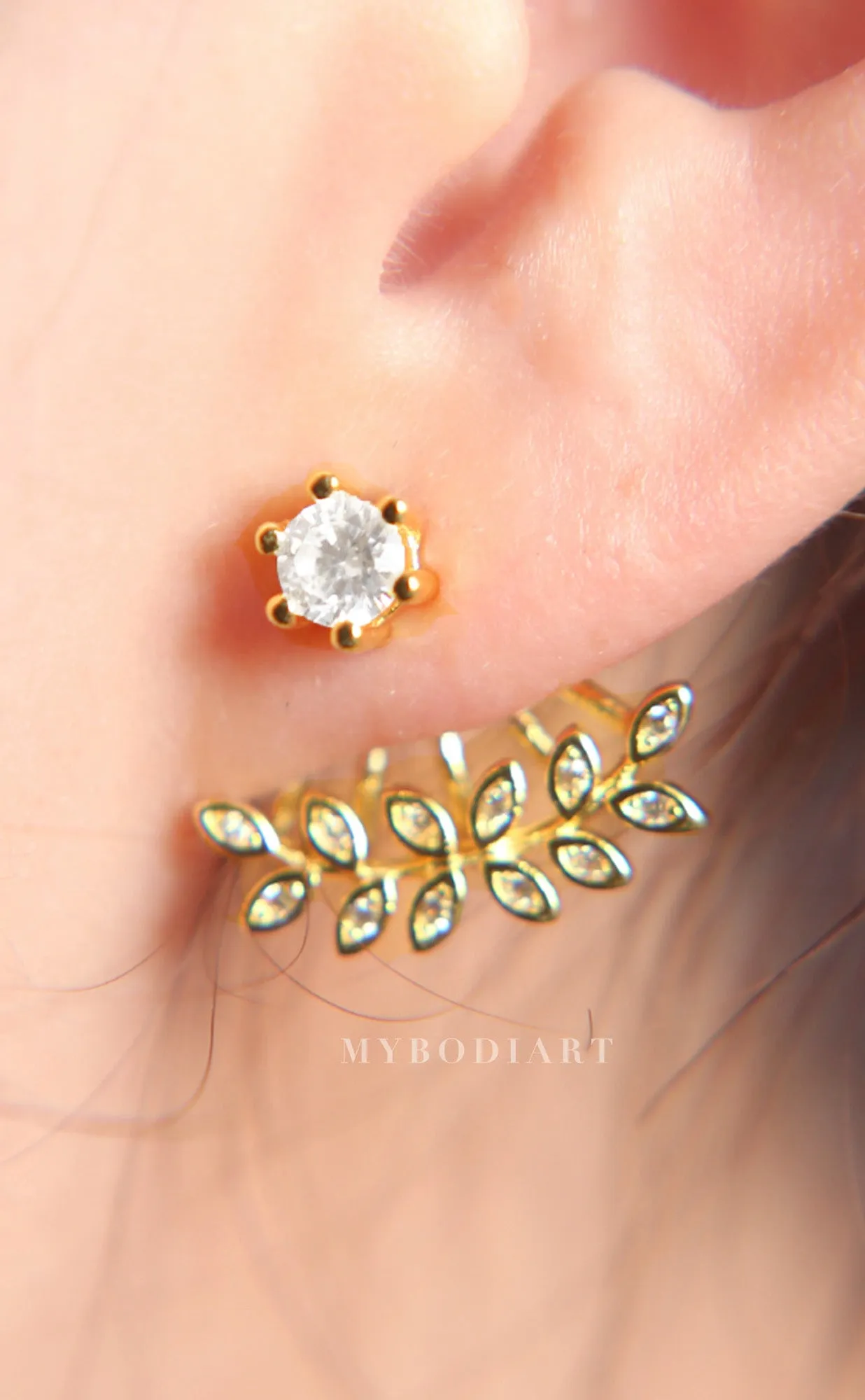 Capella Trendy Cubic Zirconia Crystal Leaf Ear Jacket Stud Earring