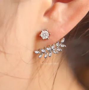 Capella Trendy Cubic Zirconia Crystal Leaf Ear Jacket Stud Earring