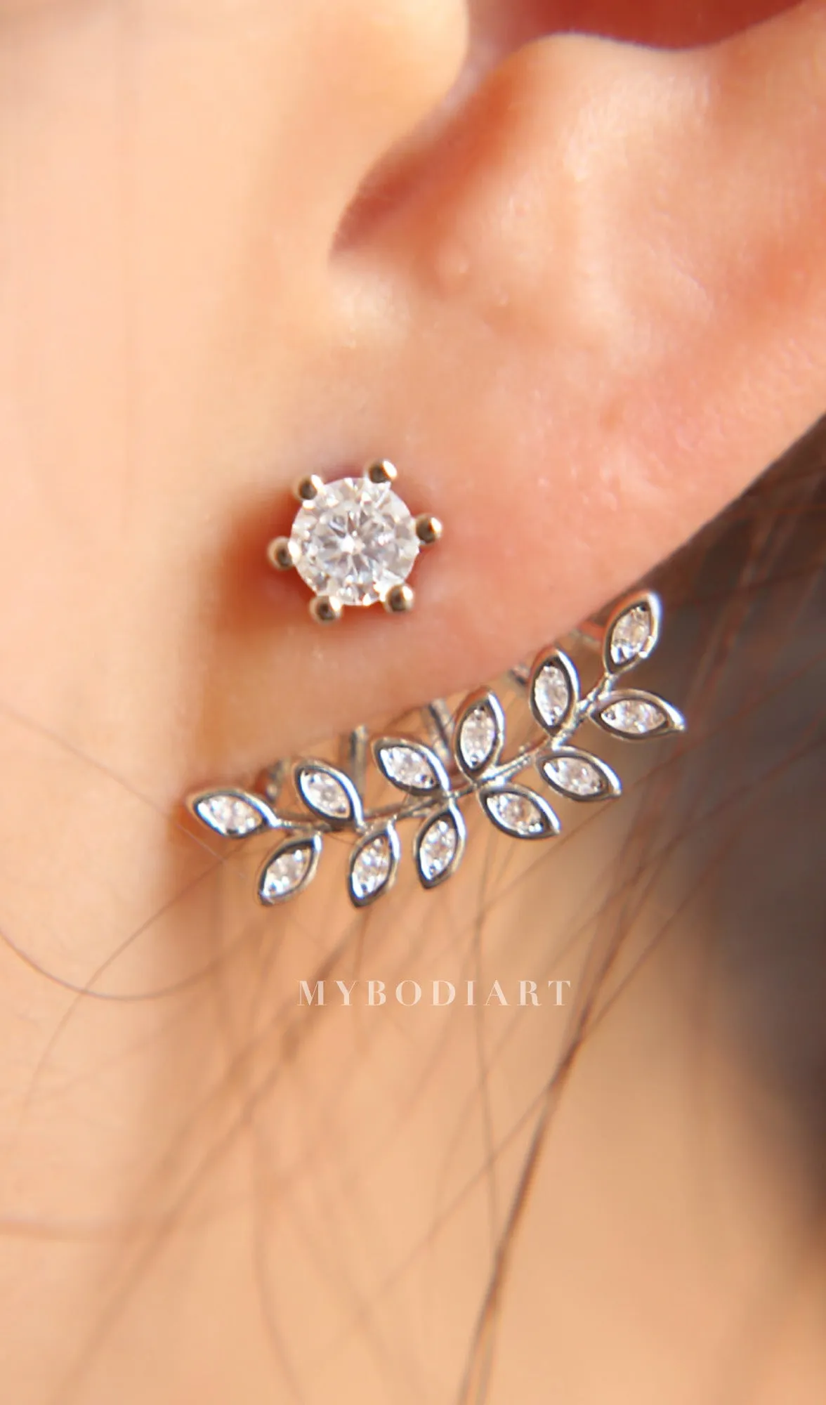 Capella Trendy Cubic Zirconia Crystal Leaf Ear Jacket Stud Earring