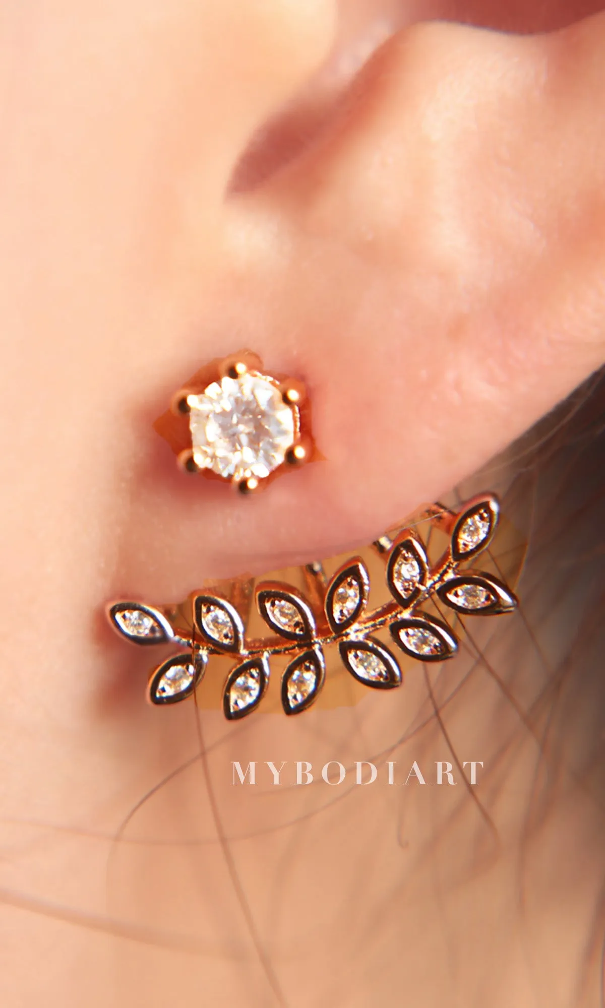 Capella Trendy Cubic Zirconia Crystal Leaf Ear Jacket Stud Earring
