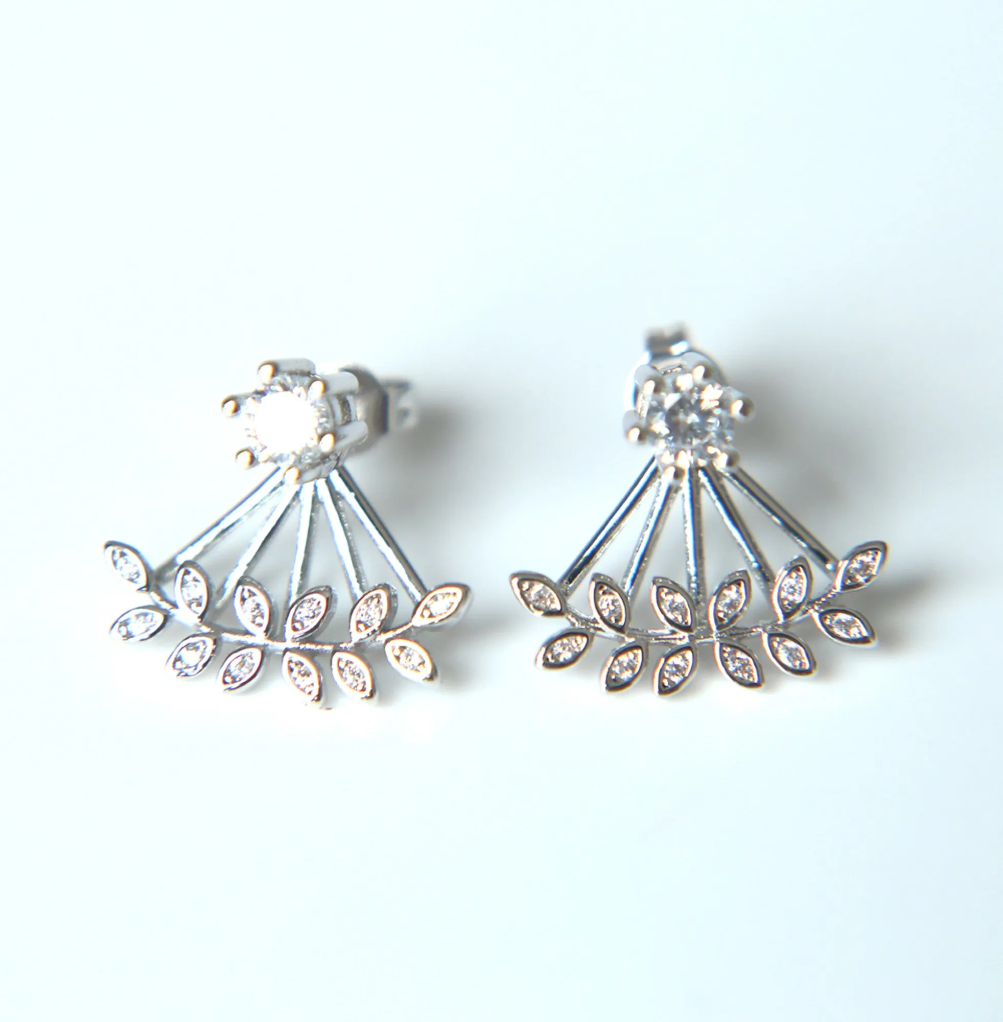Capella Trendy Cubic Zirconia Crystal Leaf Ear Jacket Stud Earring