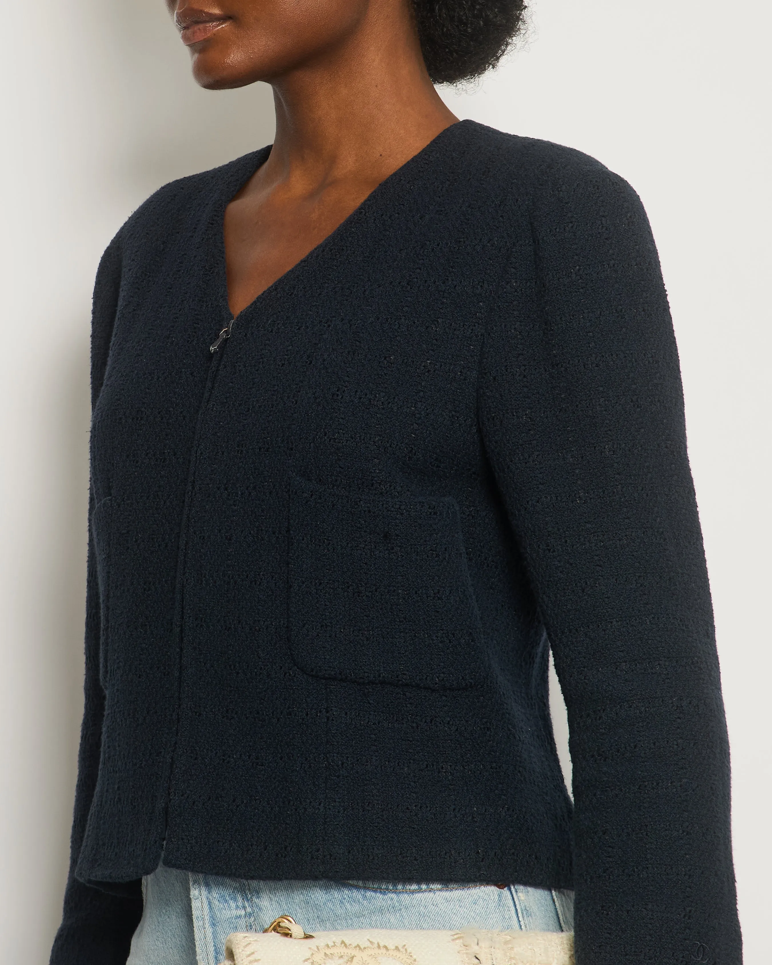 Chanel 09p Navy Tweed Jacket With Zip Detail Fr 42 (uk 14)