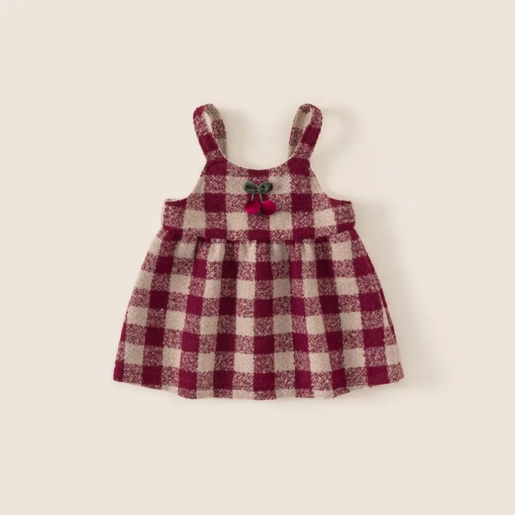 Cherry Checkered Fleece-Lined Pinafore Dress