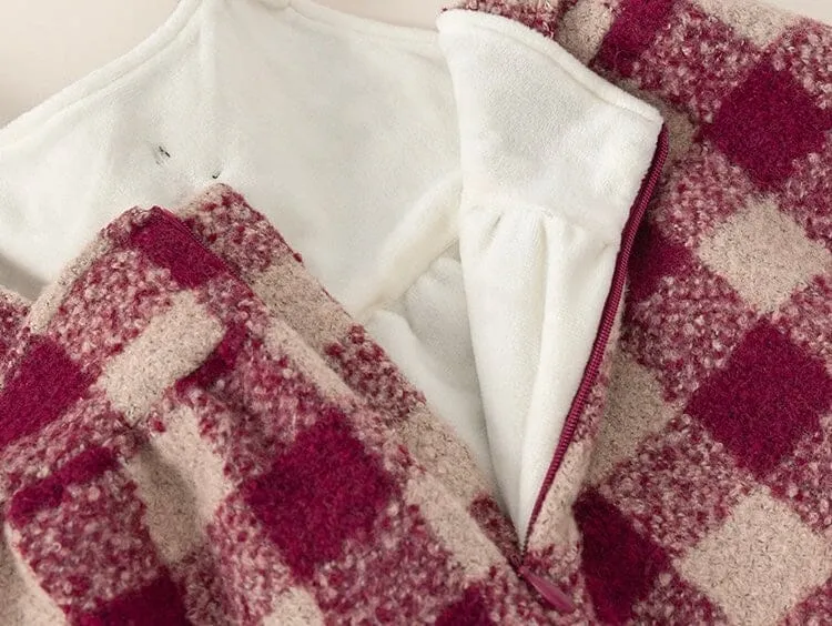 Cherry Checkered Fleece-Lined Pinafore Dress