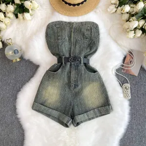 Chic Off-shoulder Sequined Denim Romper