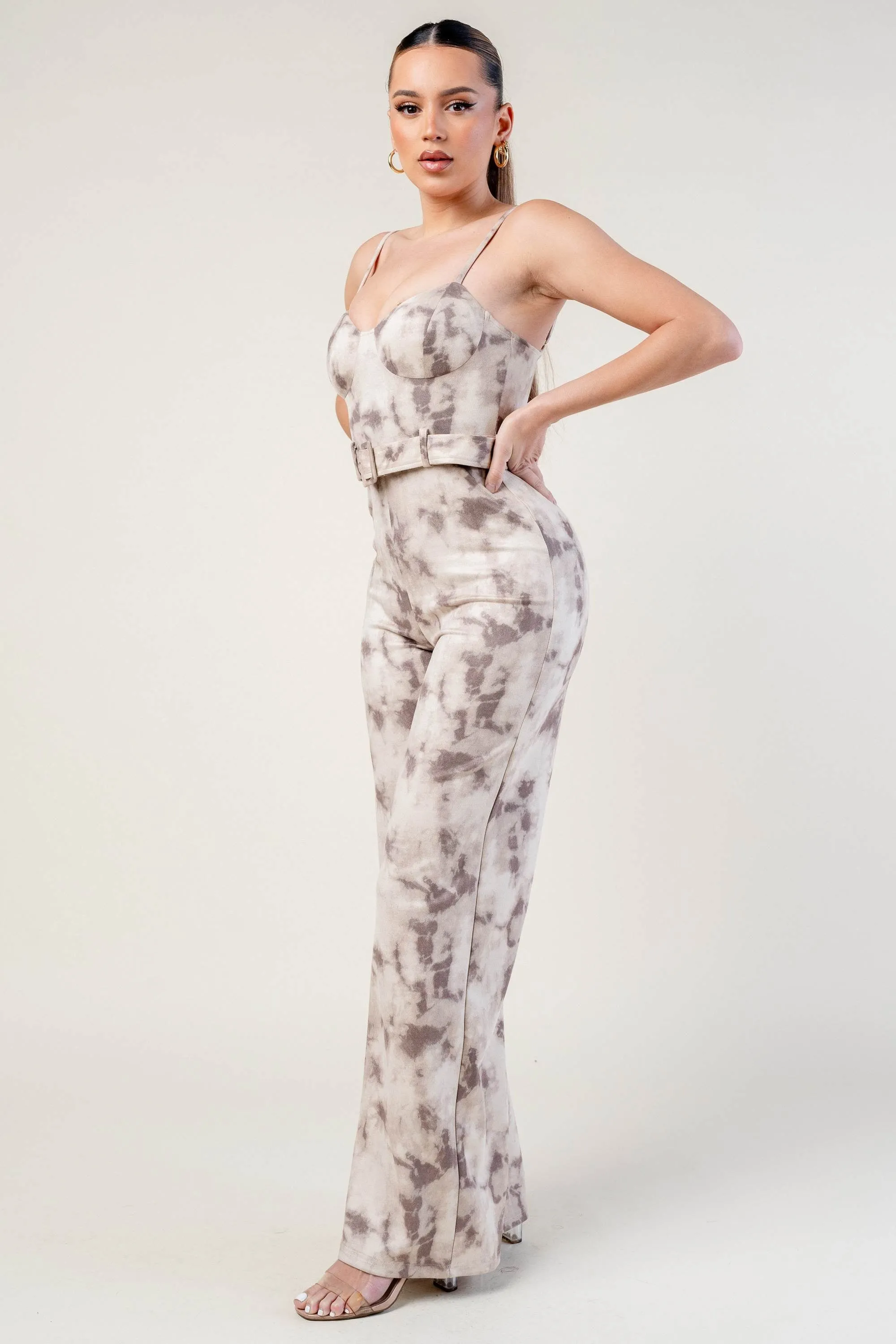 CHIC TIE DYE HOTFIX STUDDED WAIST BELTED JUMPSUIT