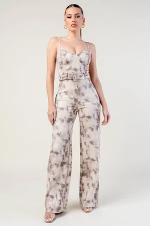 CHIC TIE DYE HOTFIX STUDDED WAIST BELTED JUMPSUIT