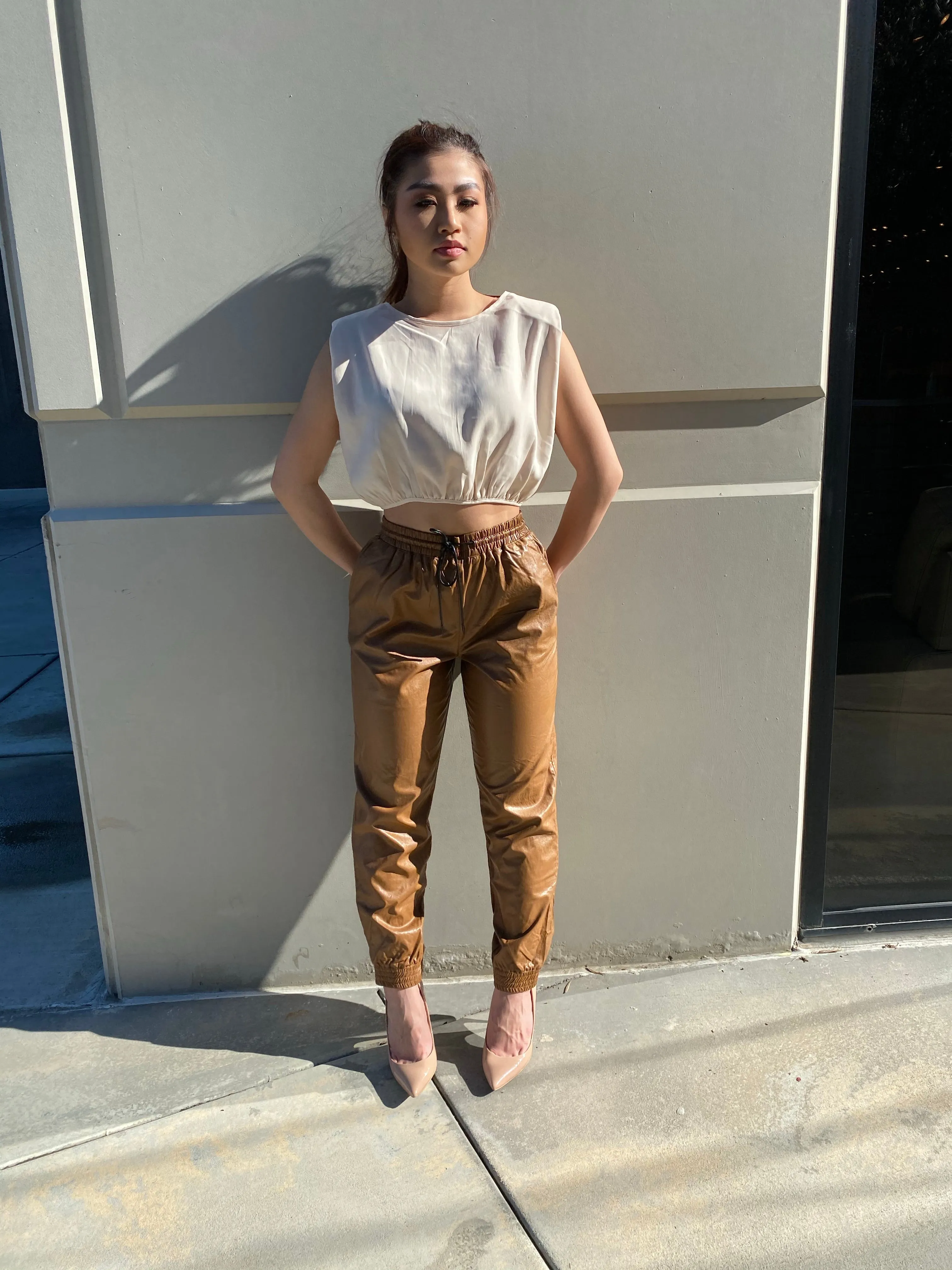City Girl PU Joggers- Camel