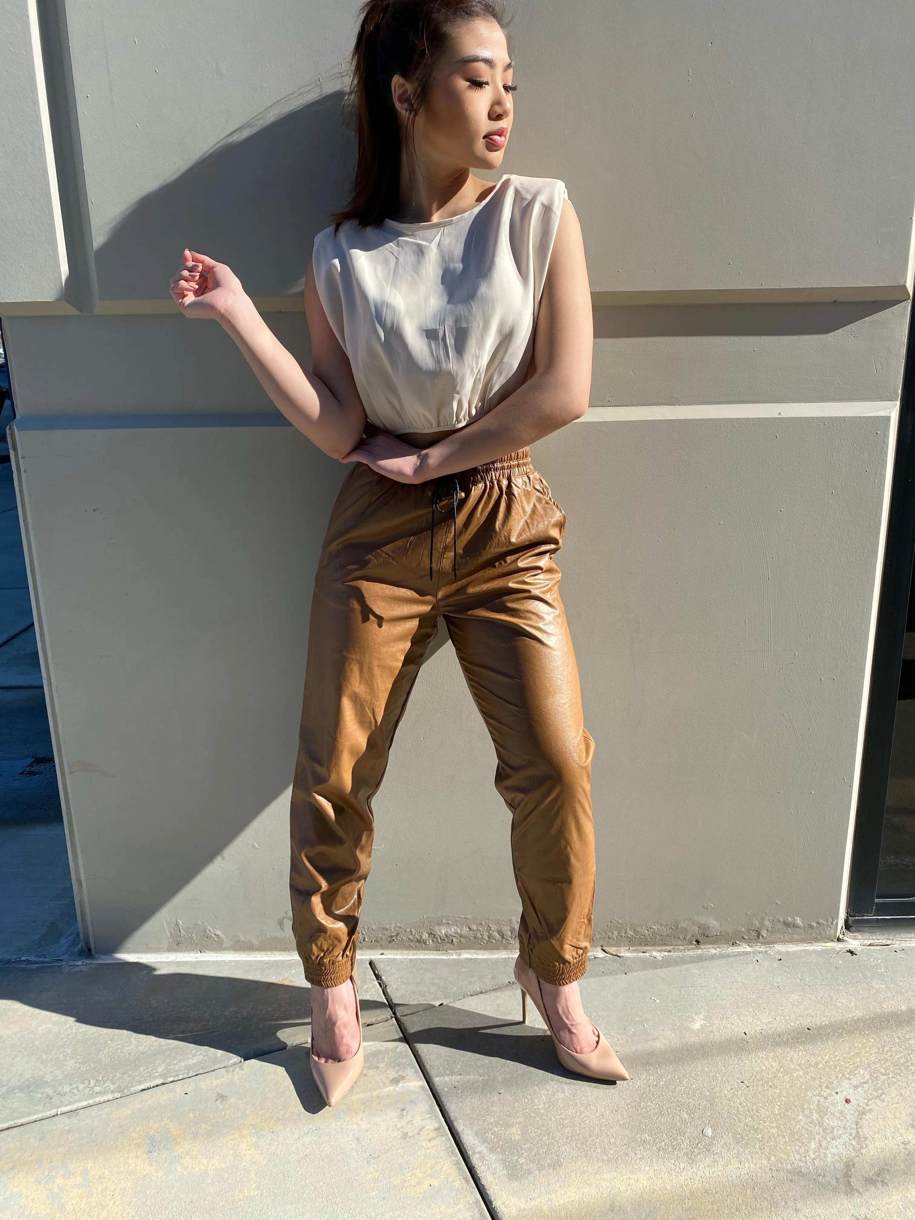 City Girl PU Joggers- Camel