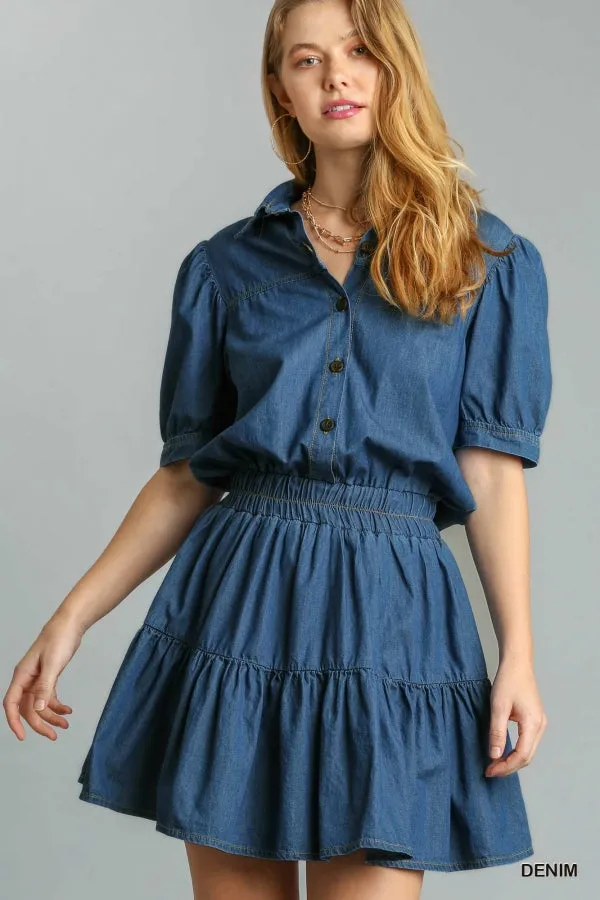 Collar Button Front Half Short Sleeve Elastic Ruffle Dress