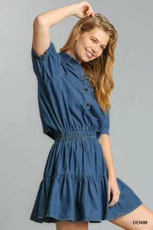 Collar Button Front Half Short Sleeve Elastic Ruffle Dress