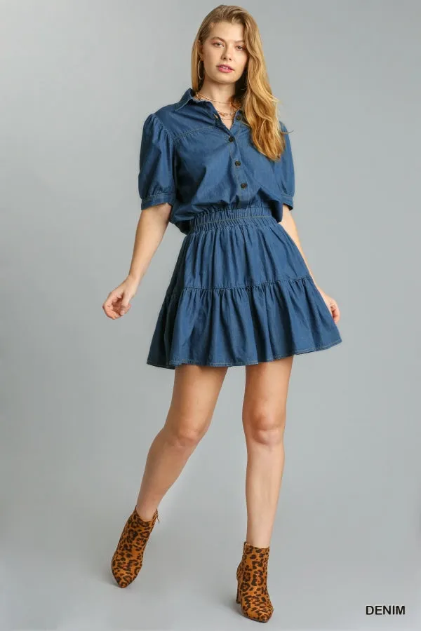 Collar Button Front Half Short Sleeve Elastic Ruffle Dress