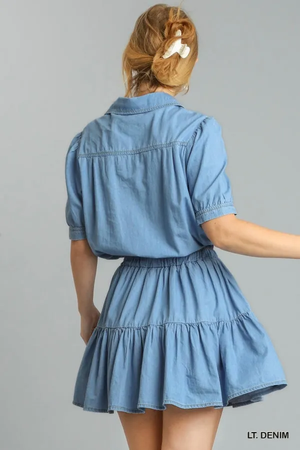 Collar Button Front Half Short Sleeve Elastic Ruffle Dress