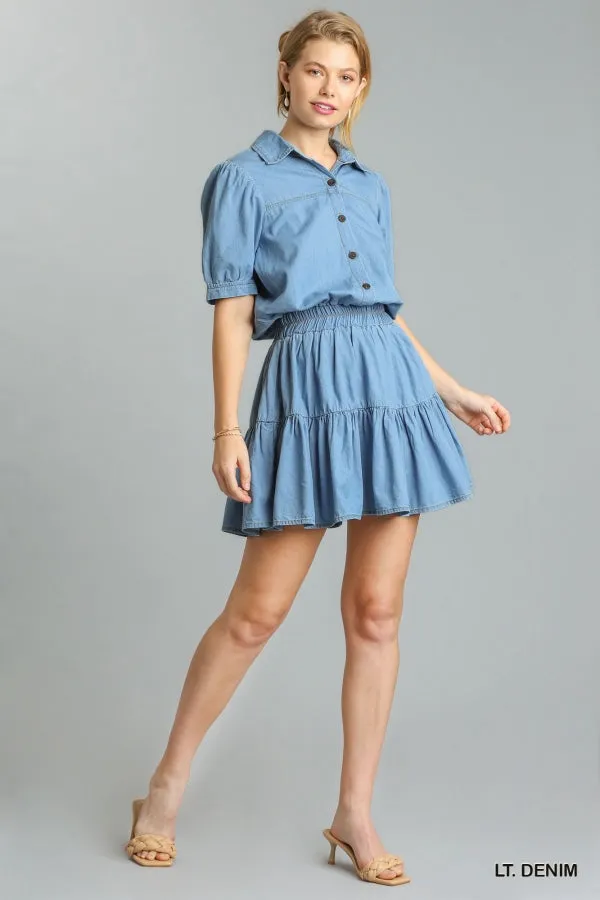 Collar Button Front Half Short Sleeve Elastic Ruffle Dress