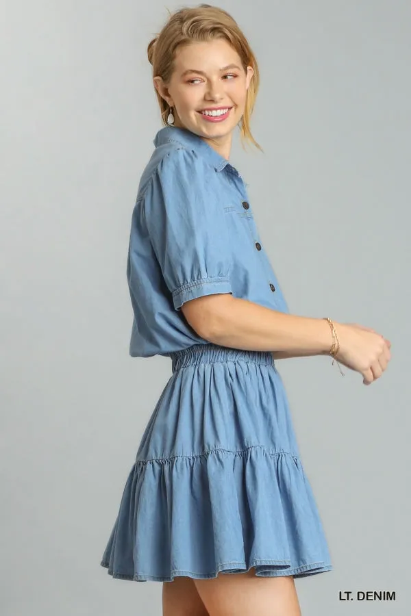Collar Button Front Half Short Sleeve Elastic Ruffle Dress