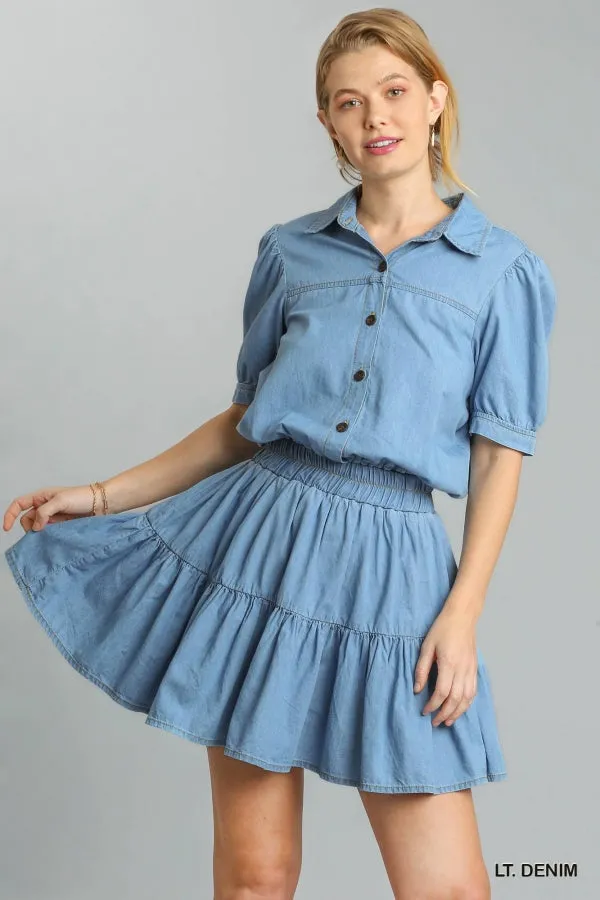Collar Button Front Half Short Sleeve Elastic Ruffle Dress