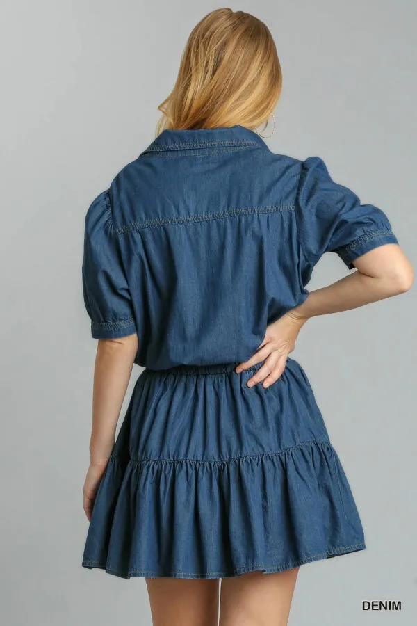 Collar Button Front Half Short Sleeve Elastic Ruffle Dress