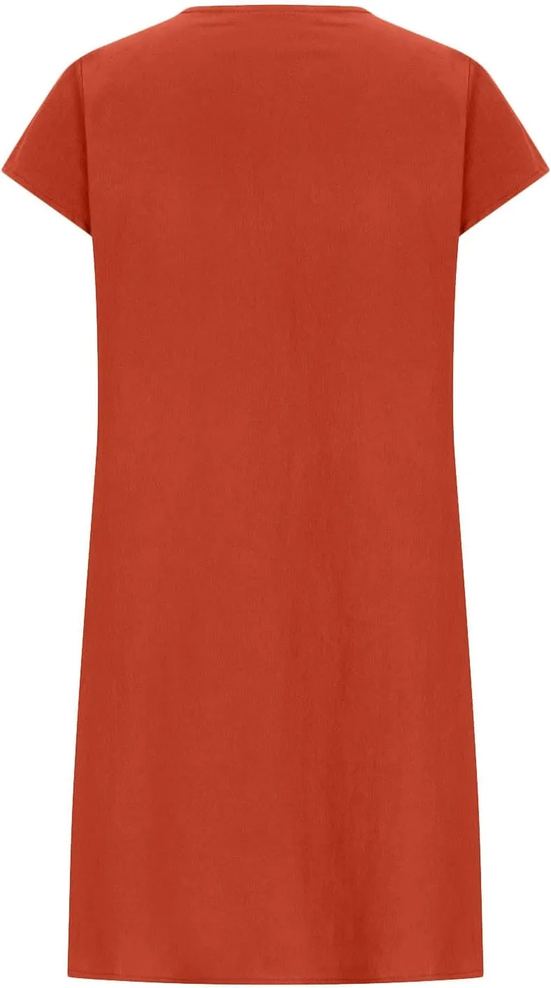 DDAPJ pyju Womens Linen Dress Summer Casual Pleated Round Neck Short Sleeve Mini Dress Loose Beach Vacation Sundress
