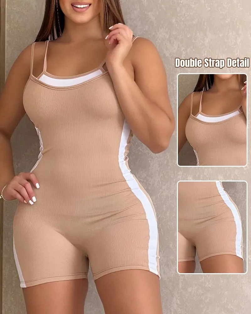 Double Spaghetti Strap Detail Colorblock Romper Slim Fit Short Overall