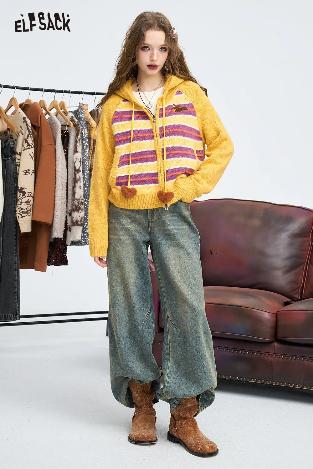 ELFSACK 2024 Winter New Arrivals Color blocking striped hooded zipper sweater cardigan for women, soft and sticky short top