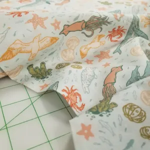 End of Bolt: 1-3/8th yards of Organic Cotton Lawn Marine Animals Light Blue Woven| Wild Coast by Mustard Beetle for Birch Fabrics -remnant
