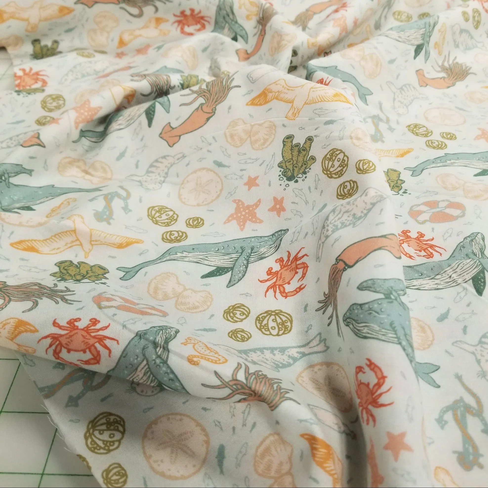 End of Bolt: 1-3/8th yards of Organic Cotton Lawn Marine Animals Light Blue Woven| Wild Coast by Mustard Beetle for Birch Fabrics -remnant