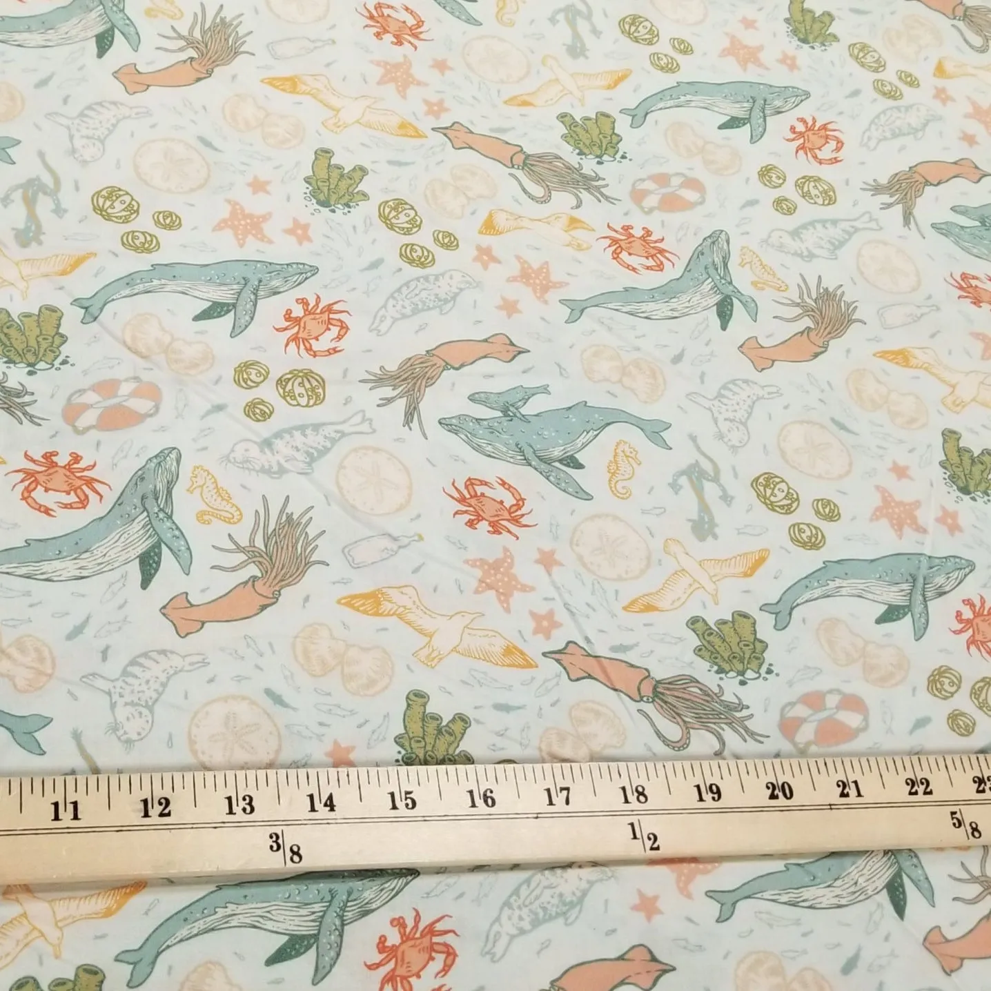 End of Bolt: 1-3/8th yards of Organic Cotton Lawn Marine Animals Light Blue Woven| Wild Coast by Mustard Beetle for Birch Fabrics -remnant