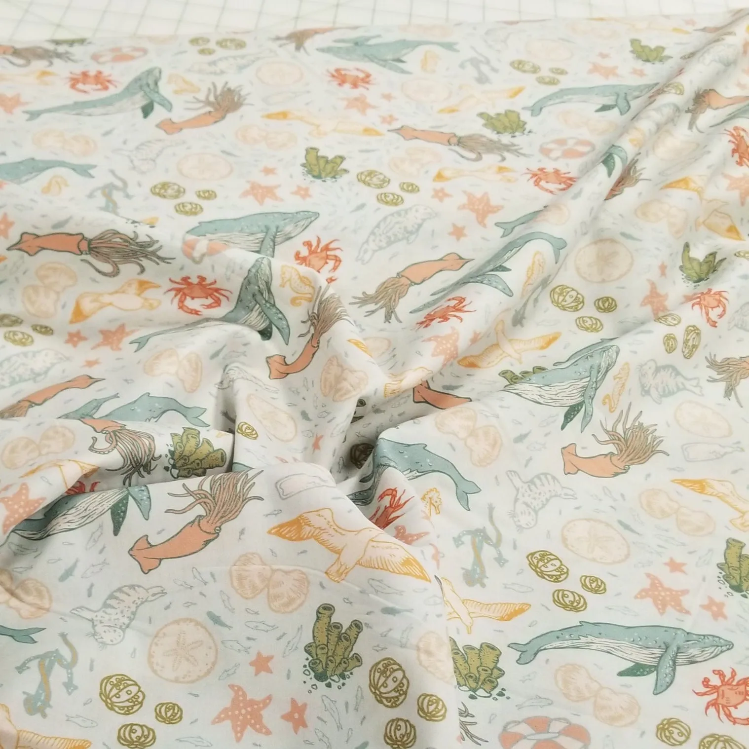 End of Bolt: 1-3/8th yards of Organic Cotton Lawn Marine Animals Light Blue Woven| Wild Coast by Mustard Beetle for Birch Fabrics -remnant