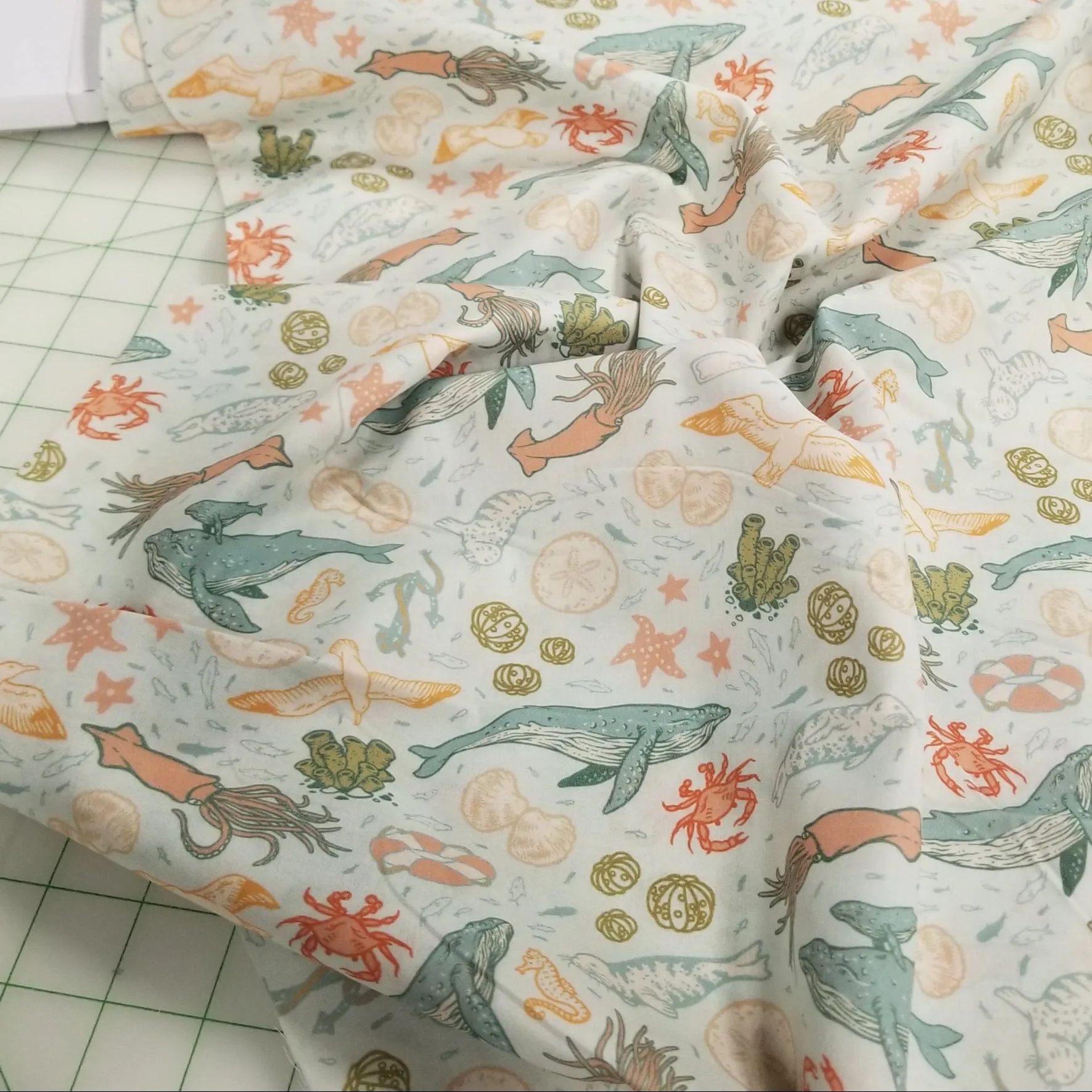 End of Bolt: 1-3/8th yards of Organic Cotton Lawn Marine Animals Light Blue Woven| Wild Coast by Mustard Beetle for Birch Fabrics -remnant