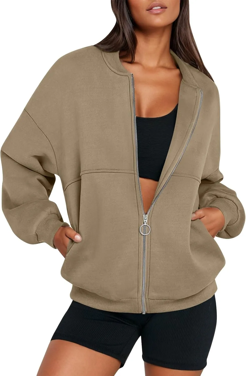 Fleece Jacket Women Zip Up Sweatshirt Casual Loose Fit Oversized Hoodie Trendy Bomber Jacket Long Sleeve Coats