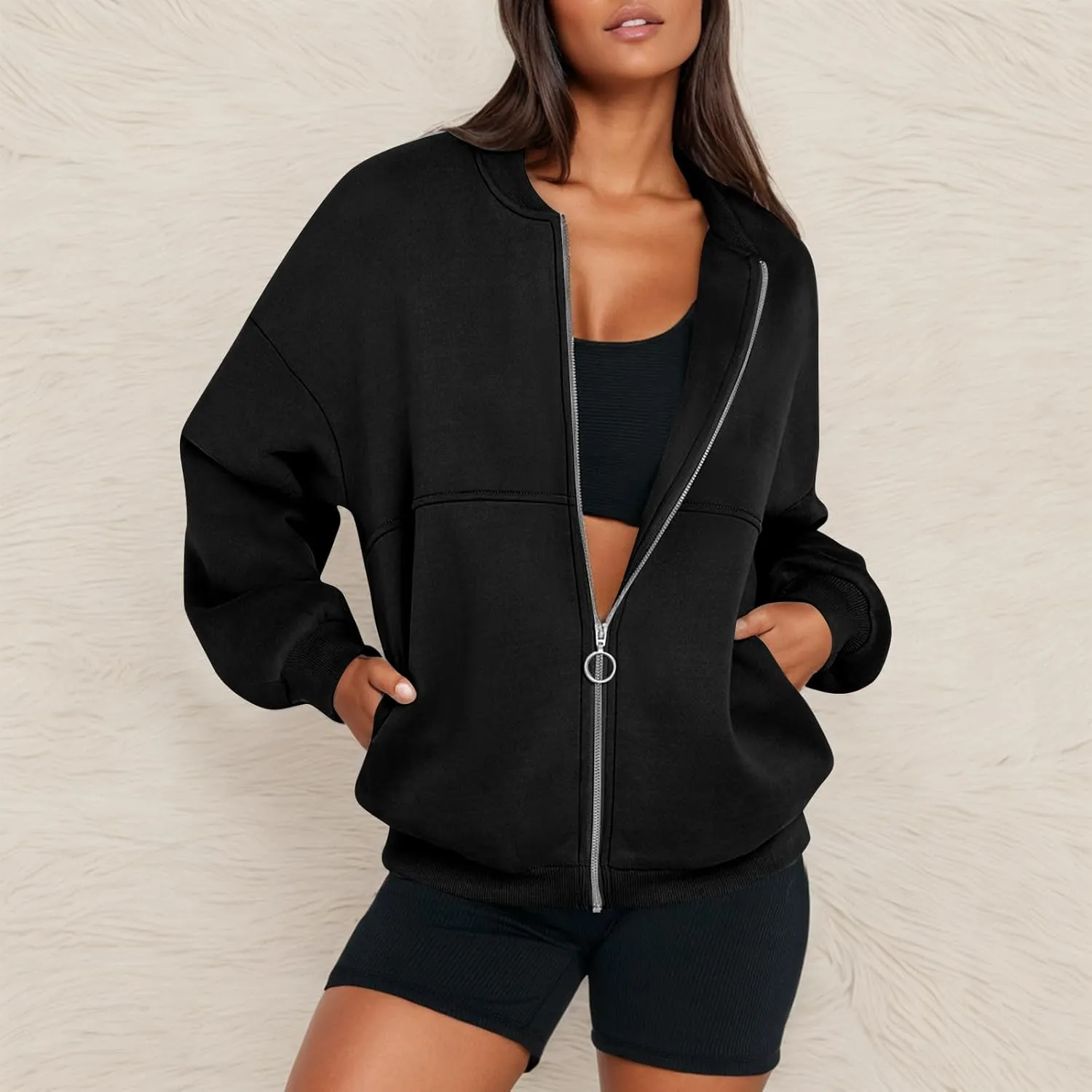 Fleece Jacket Women Zip Up Sweatshirt Casual Loose Fit Oversized Hoodie Trendy Bomber Jacket Long Sleeve Coats